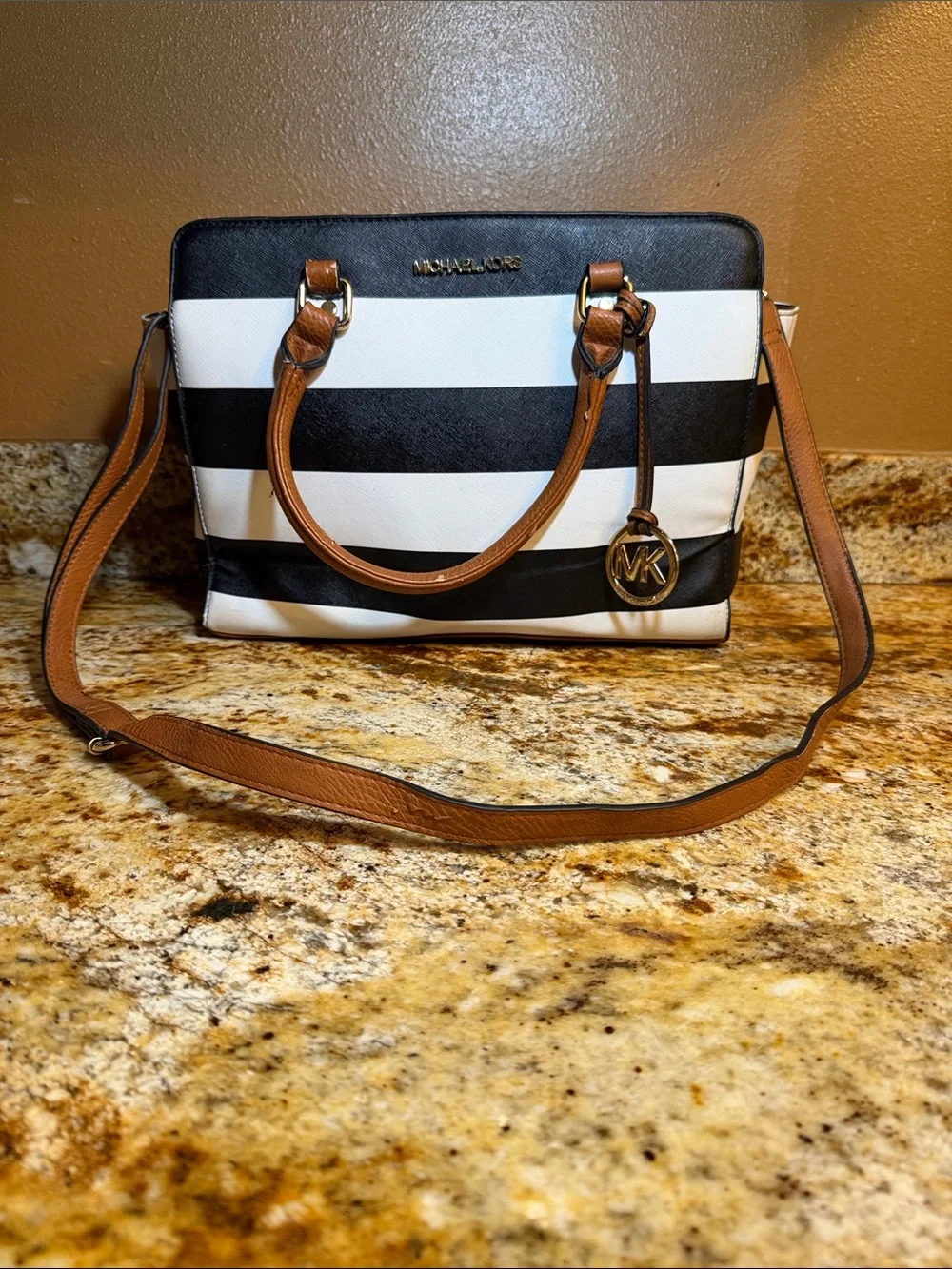 Michael Kors Black & White Striped Satchel with Brown Trim